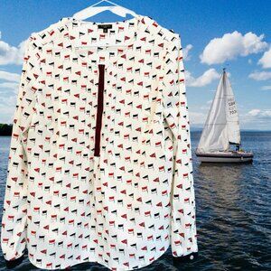 Talbots Nautical Blouse (14p); Navy Trim; Ships' Flags; Patriotic